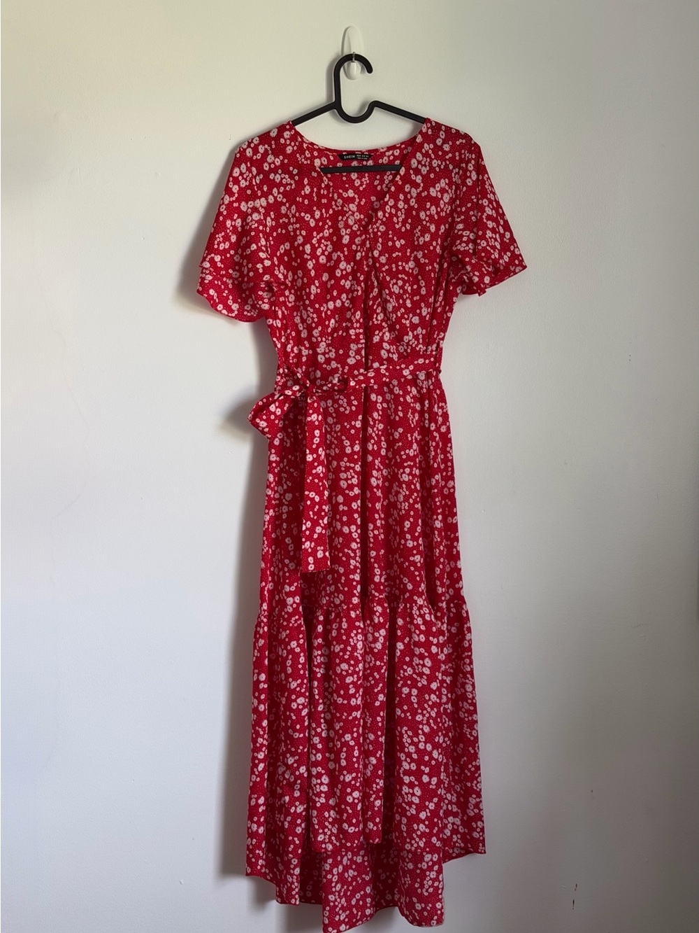 SHEIN Red Floral Tie-Waist Short-Sleeve Maxi Dress